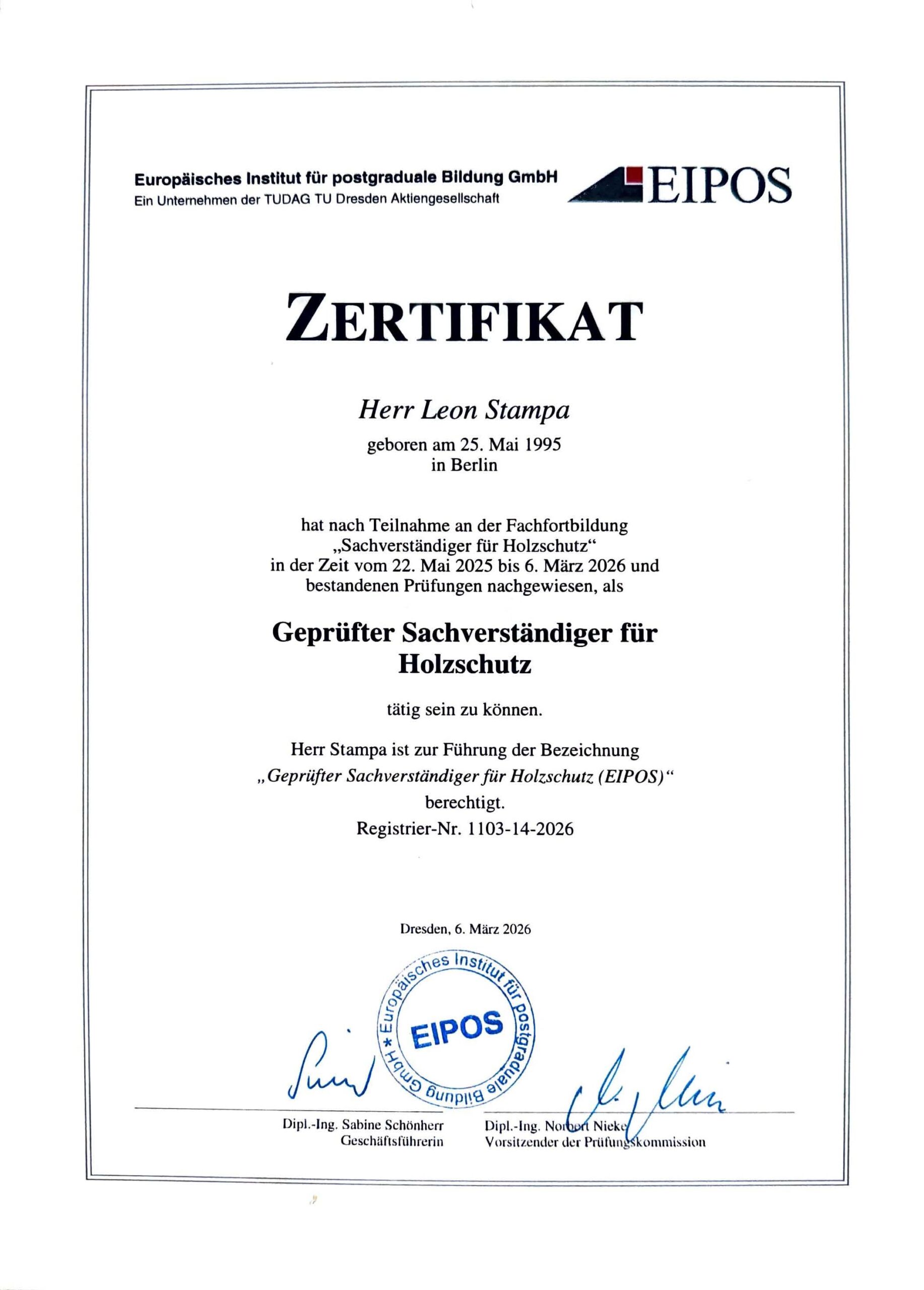 Zertifikat Sachverständiger für Holzschutz